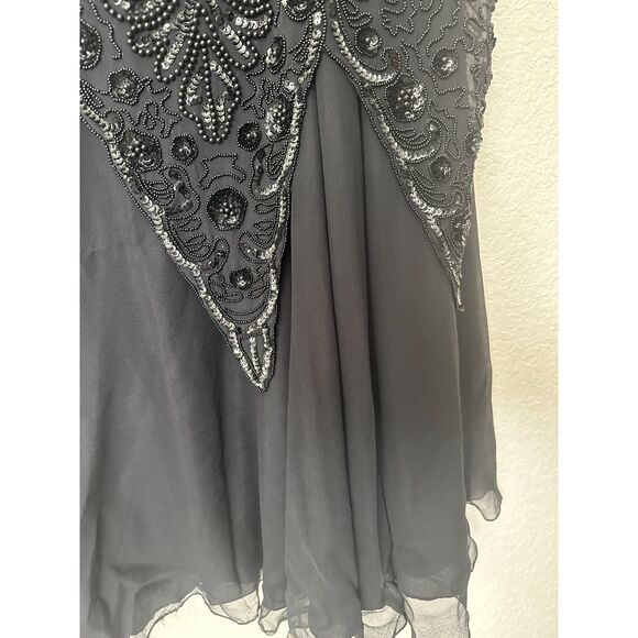 Oleg Cassini Vintage 70s/80s Silk Black Beaded Cocktail Dress 20s Style Flapper - Picture 5 of 13